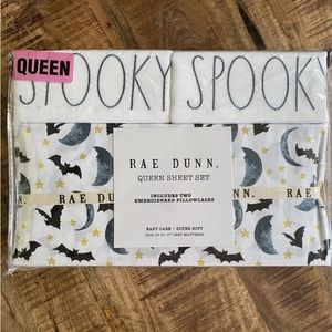 Rae Dunn Queen Sheet Set Halloween Bats Moon Stars White New 4 Piece Embroidered